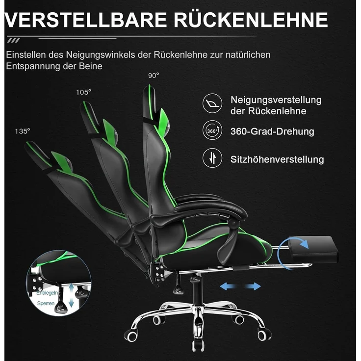 GTPLAYER Bürostuhl Gaming Stuhl Gaming Sessel Ergonomischer Gamer Stuhl mit Fußstütze, Kopfstütze Lendenkissen, Gepolstert Gaming Chair, Drehsessel Grün – Bild 5
