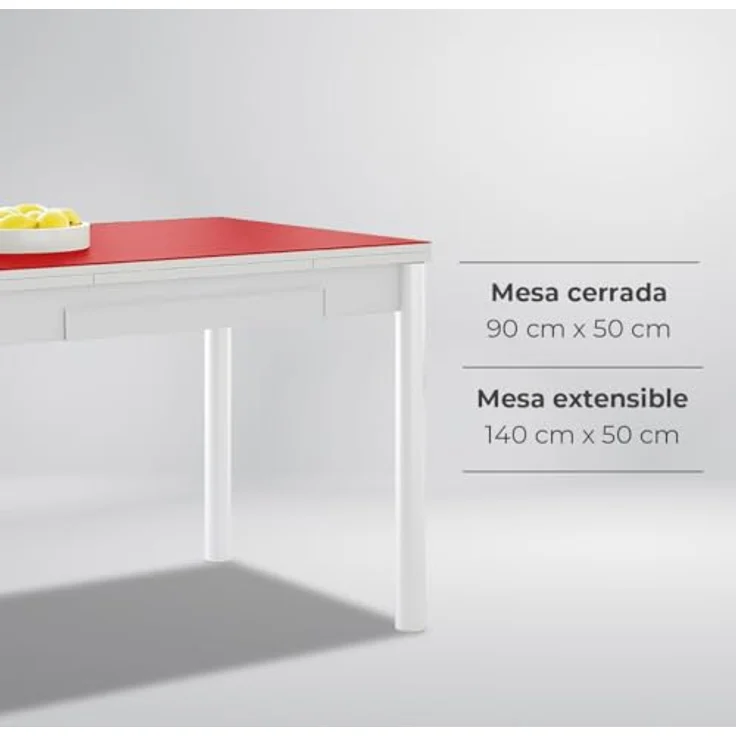 ASTIMESA Ausziehbarer Küchentisch, weißes Gestell mit Glasplatte, rot, ideal für kleine Räume, 90 x 50 cm, ausziehbar 140 x 50 cm – Bild 7