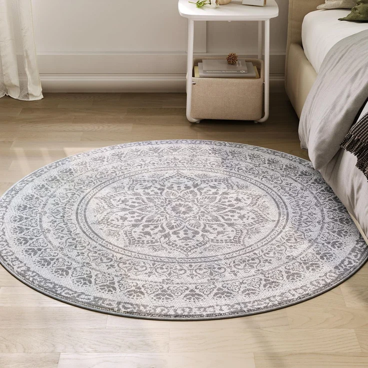 SONGMICS Teppich rund, Outdoor Teppich, Boho, 120 cm d, waschbar, rutschfest, Floral Vintage, für Wohnzimmer, Esszimmer, Schlafzimmer, Optik, Garten, Terrasse, Balkon, Taubengrau TAR051G01
