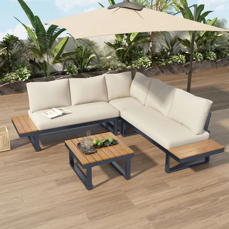 Merax Gartenlounge-Set, 5-Sitzer Gartenmöbel mit 5-Winkel-verstellbare Lehne, Beige + Grau – Bild 5
