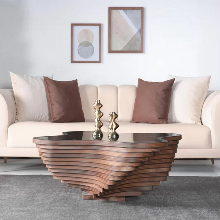 alesvelt Couchtisch rustikal handgefertigt Nussbaum Beistelltisch Glasplatte (1-Tisch), 90x90x39cm handgefertig Unikat Wellen-Optik MDF – Bild 4