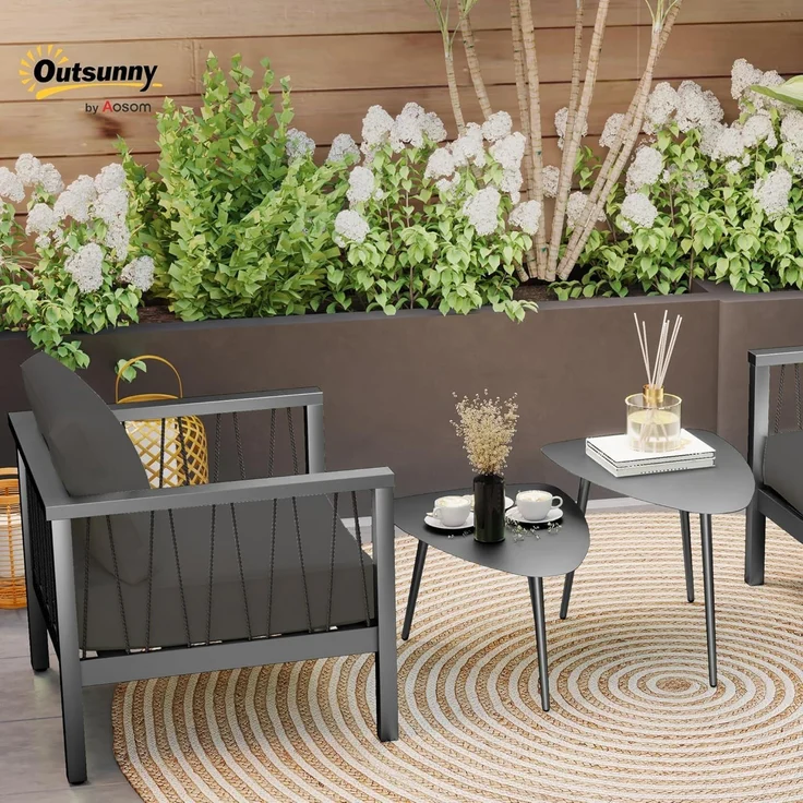 Outsunny Beistelltisch im Geometrischem Design (wetterfest Balkontisch, 2-St, 2er Set Couchtisch), aus Stahl, für Garten, Terrasse, Balkon, Schwarz – Bild 2