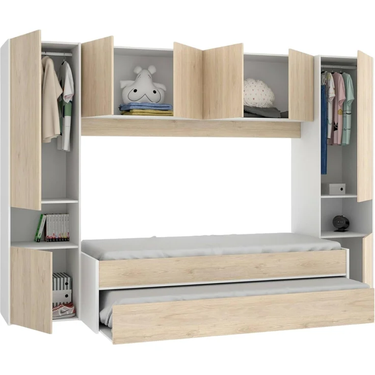 Dmora - Kinderbett Venturosa, Komplettes Schlafzimmer mit Bridge-Kleiderschrank und Kommode, Komposition mit Bett und Einzelausziehbett, 303 x 97 x 203 cm, Eiche und Weiß – Bild 2