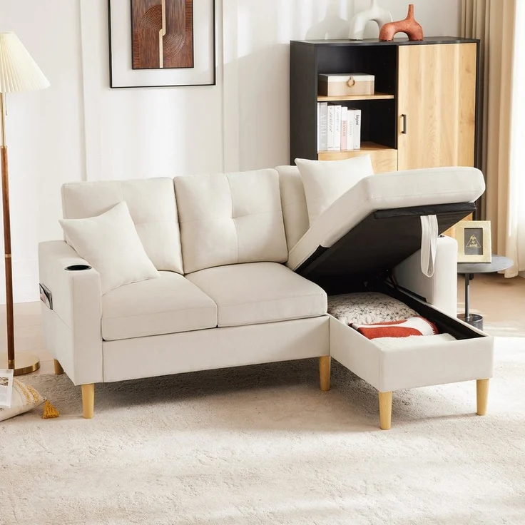Merax 3-Sitzer Ecksofa Eckcouch in L-Form Eckgarnitur, L-förmiges Sofa aus Baumwoll- und Leinenstoff, 175*129*90cm 1 Teile, 3-Sitzer-Sofa mit integriertem Stauraum, Getränkehaltern und 2 Kissen – Bild 1