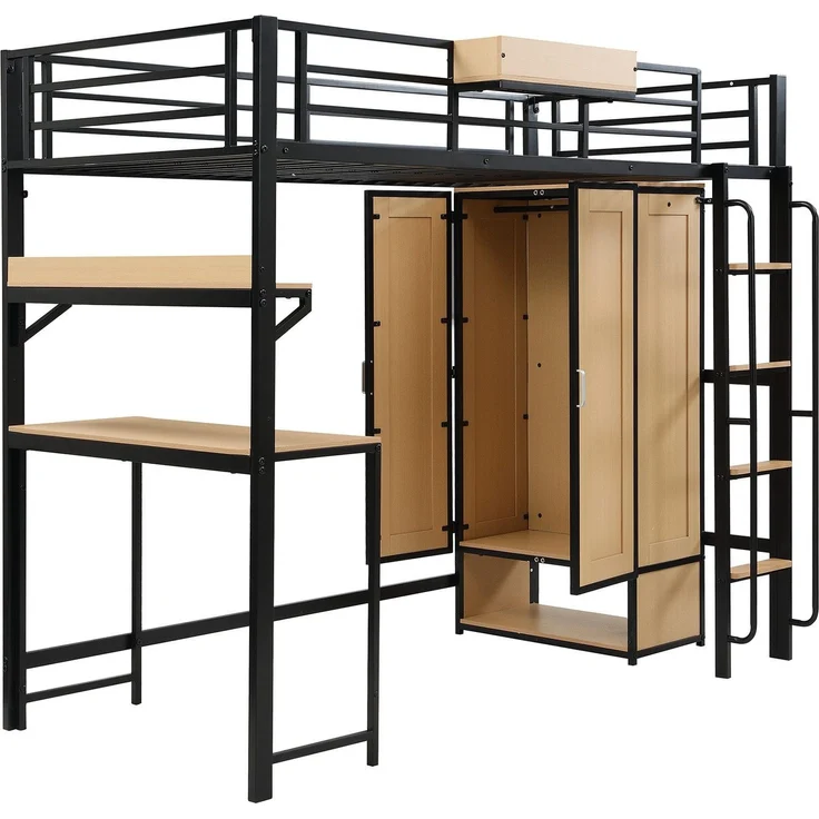 Hochbett mit, Schreibtisch, Regal, Kleiderschrank, Lattenrost, Leiter, Rausfallschutz und Aufbewahrungsbox, 90x200cm, Kinderbett, Metallbett – Bild 8