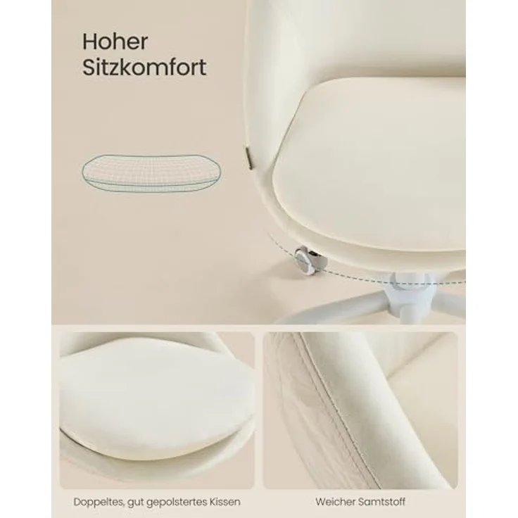 SONGMICS Homeoffice-Stuhl, Schminkstuhl mit Samt-Vorderseite, Schreibtischstuhl, Schaumstoffpolsterung, höhenverstellbar, für Arbeitszimmer, Schlafzimmer, cremeweiß OBG020WD01 – Bild 6