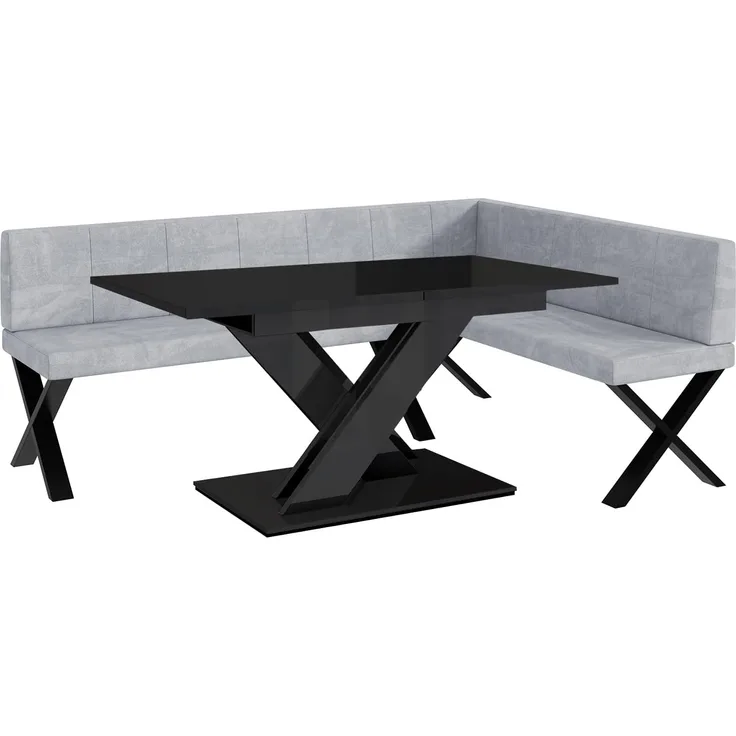 MEBLINI Eckbank für Esszimmer mit ausziehbarem Tisch - Küchenbank - Essecke - Sitzecke Küche - PETER - X-Beine 142x196x87cm Rechts - Hellgrau Samt/B Schwarz Hochgl.