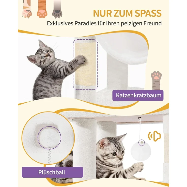 Kratzbaum groß, 170 cm hoch, Katzenbaum, mit 8 Kratzbäume, 2 Höhlen, groß Plattformen, Waschbare Matte, Hängematte, Plüschbälle, mehrstöckiger katzenkratzbaum, Cremeweiß – Bild 6
