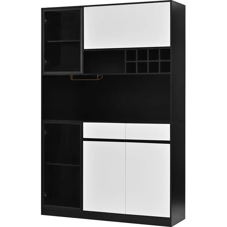 Mehrzweck Hochschrank mit LED Beleuchtung, Vitrine, Sideboard Schrank, Aufbewahrungsschrank mit Türen und Schubladen, modernes Wohnzimmerschrank Möbel für Küche, Esszimmer und Büro--Schwarz, Weiß--120x35x180cm--YOUDENOVA – Bild 9