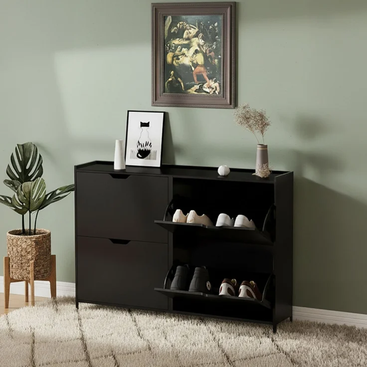 Bellamio 'Ceyhan' Schuhschrank mit 4 Klappen, schmales Schuhregal, schwarz, 100x19x90 cm, Schuhkipper für 8 paar Schuhe – Bild 2