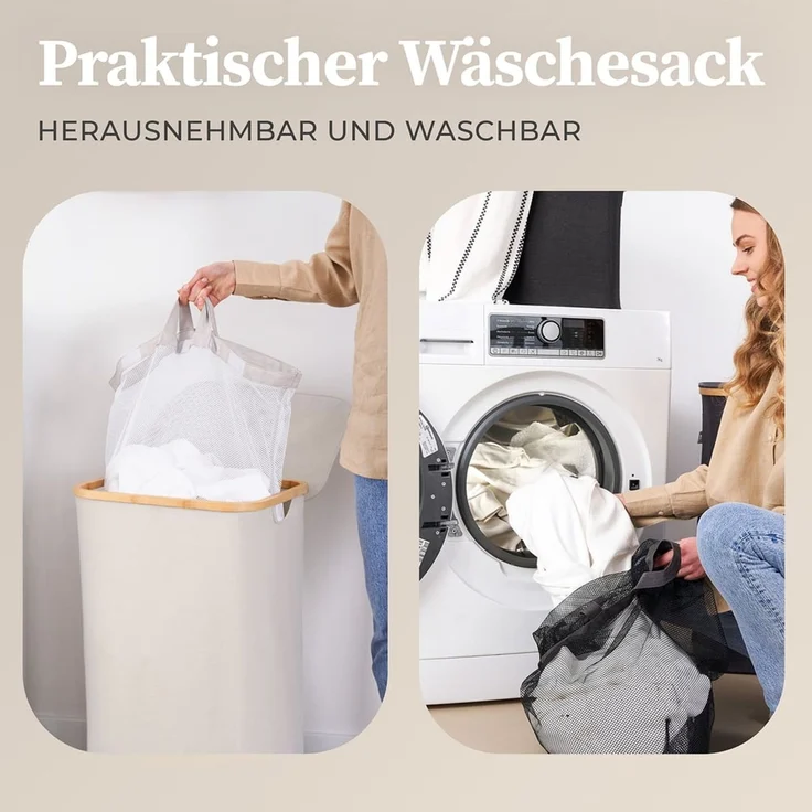 HENNEZ Wäschekorb mit Griff aus Bambus, 100 l – Wäschekorb mit Deckel, Dunkelgrau – Bild 6