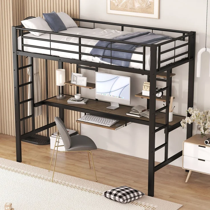 EINHOM Bettgestell Metallbett, Eisenbett, Hochbett mit Schreibtisch und Zwei Bücherregalen für Kinder, Jugendliche und Erwachsene, 90 x 200 cm, Schwarz (Ohne Matratze) – Bild 4