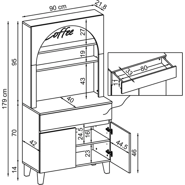 Roomart Küchenschrank VENEDIK 90×179×42 cm – Moderner Buffet- & Mehrzweckschrank mit Schublade, Türen & verstellbaren Einlegeböden – Mikrowellenschrank & Aufbewahrungsschrank für Küche, Esszimmer & Wohnzimmer • Eiche – Bild 5