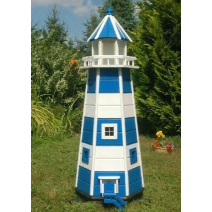 XXL Premium Holz-Leuchtturm 140 cm mit Solar LED Beleuchtung, blau/weiss, 1,4m