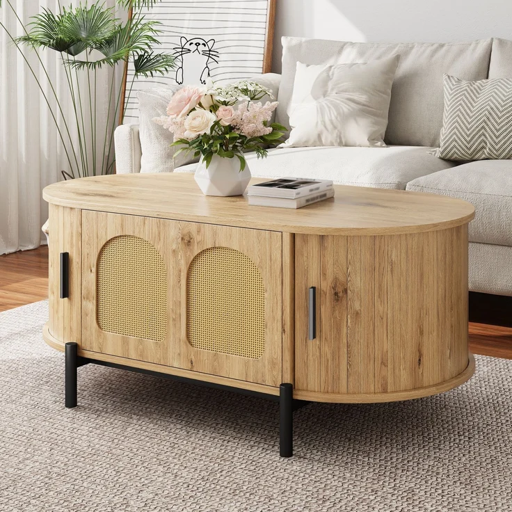 Couchtisch oval B 100 x T 50 x H 40 cm, MDF in Naturfarbe mit Rattan-Türen und Metallbeinen – Bild 3