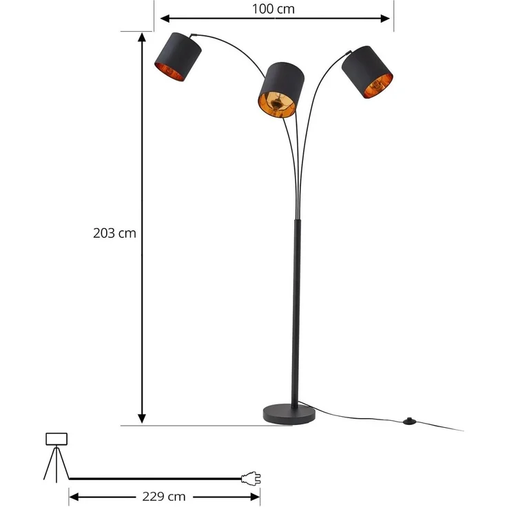 Lindby Stehlampe Nanika, Leuchtmittel nicht inklusive, Modern, Stahl, Textil, Kunststoff, Schwarz, gold, 3 flammig, E27 – Bild 5