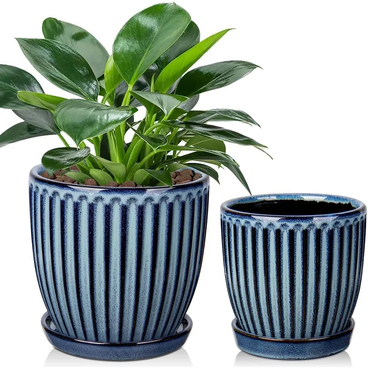 Übertopf 2er Set Keramik Drainageloch Untersetzer 15cm 13cm Blau – Bild 1