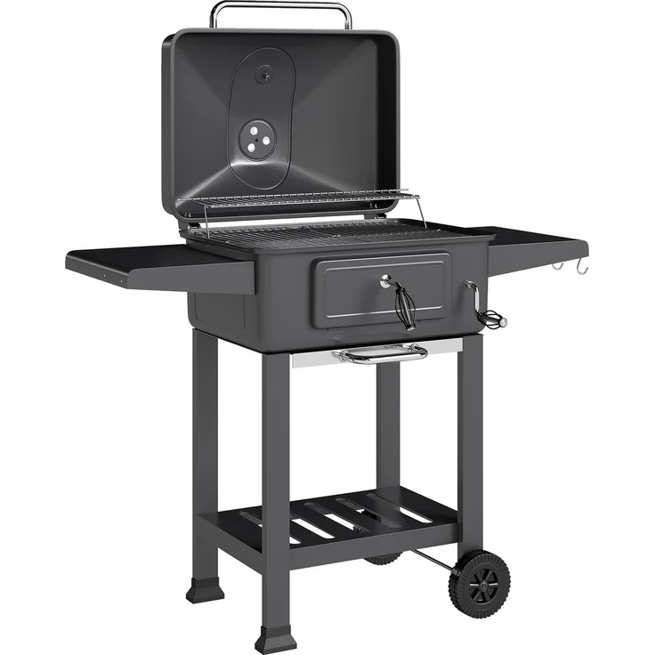 Holzkohlegrill BBQ Smoker mit Deckel Thermometer höhenverstellbar Kohlepfanne Grillrost Seitentisch Aschefach--Schwarz--101.5x63x112cm--CHENHAONING – Bild 2