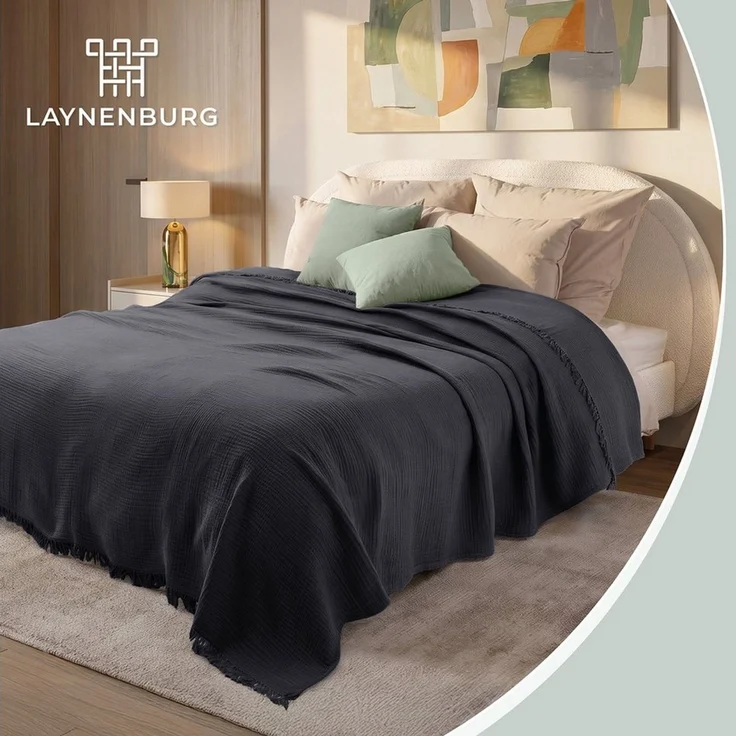 Laynenburg Tagesdecke Musselin mit Fransen aus 100% Baumwolle – Baumwolldecke, Wohndecke als Sommerdecke, Bett-Überwurf, Sofa-Decke, Kuscheldecke – Bild 2