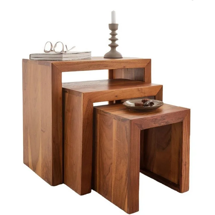 Liadomo Beistelltisch Bianca, Couchtisch, Nachttisch, Holztisch (3er-Set), Massivholz, braun, 3-teilig, 3 Größen, Unikat