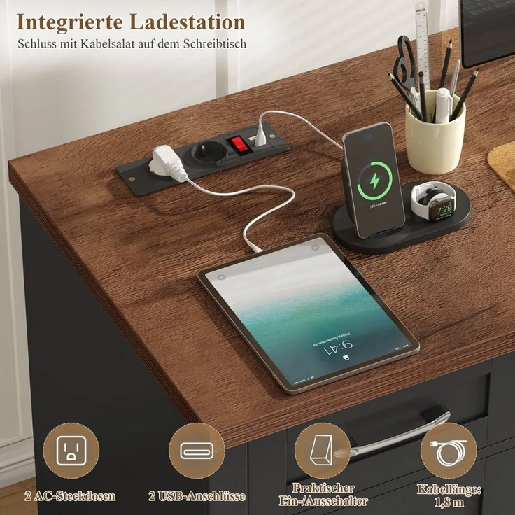 Homfa Schreibtisch mit Steckdose Computertisch mit Schubladen 150 x 48 cm, Schreibtisch mit Stauraum, Schminktisch, 2 AC und 2 USB, schwarz – Bild 4