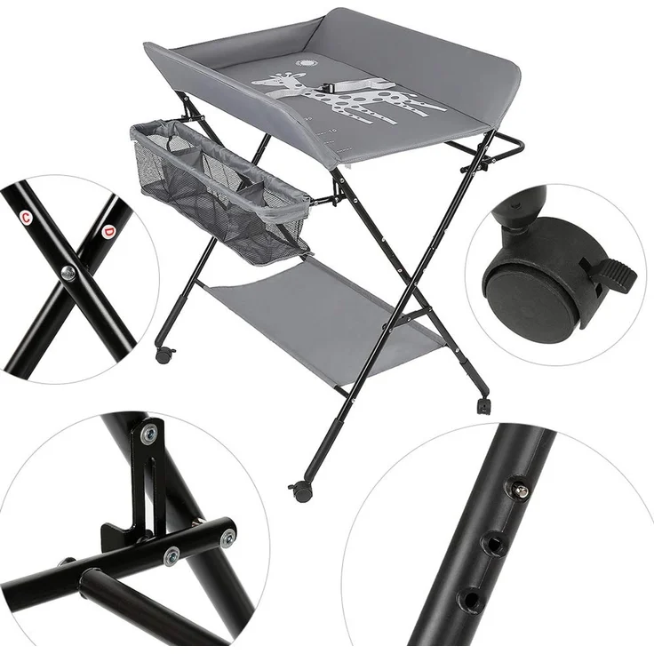 Baby Wickelkombi - klappbare Wickelkommode, mobiler Wickeltisch mit Wickelauflage, Sicherheitsgurt und Ablagefächern, platzsparend & stabil (Grau) – Bild 7