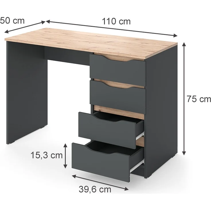 Schreibtisch Ruben Anthrazit/Artisan-Eiche 110x50 cm mit 4 Schubladen Vicco – Bild 2