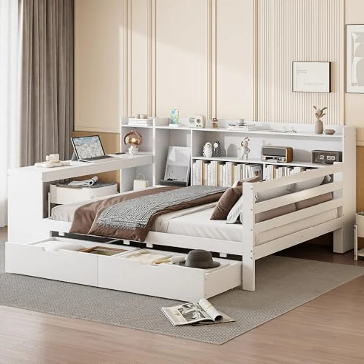 Ball & Cast Stauraumbett (140 * 200cm) mit Schublade, Schlafsofa mit Vielen Ablagefächern + Schreibtisch und USB-Anschlüssen, Einfach & Zeitsparend Montierbar, Weiß – Bild 4