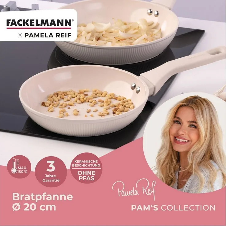 Fackelmann x Pamela Reif Bratpfanne – Ø 20 cm, Aus geschmiedetem, recycelten Aluminium in Pastell Beige, keramische, PFAS-freie Beschichtung, hitzebeständig bis 150 Grad C – Reinigung per Hand
