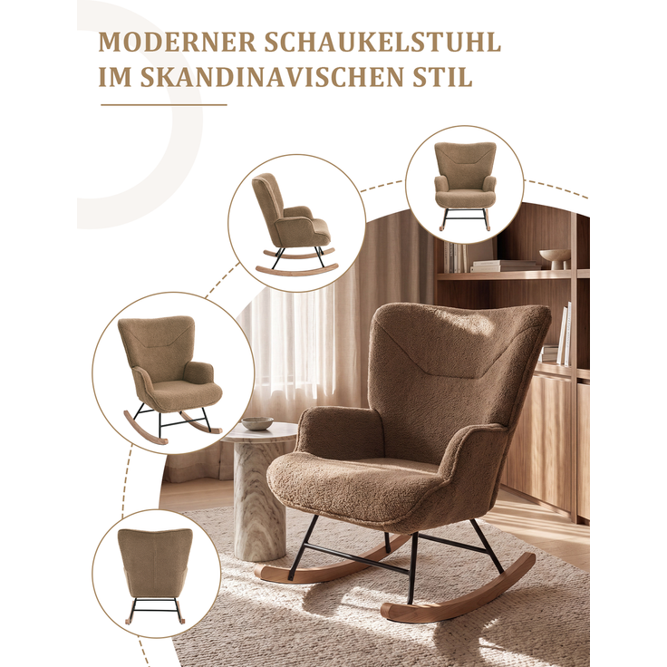 GOEURVANT 5006 Schaukelstuhl ohne Hocker (Relaxsessel, Ohrensessel) - Teddy-Stoff - Braun – Bild 7