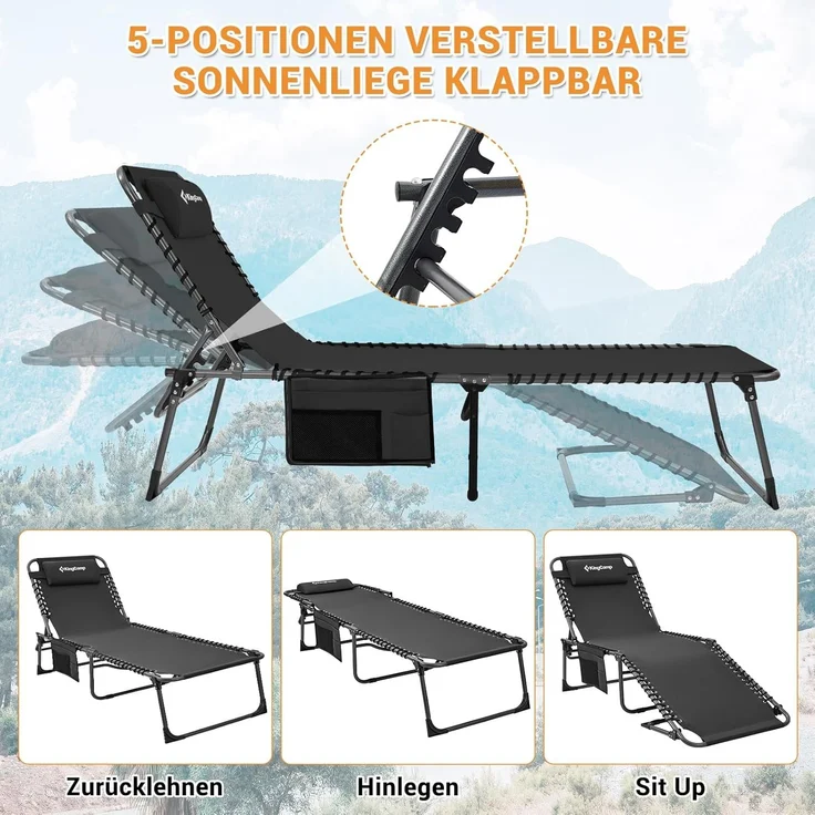 KingCamp Campingliege Sonnenliege Gartenliege klappbar 5-Stufig Verstellbarer Rückenlehne Liege Gartenstuhl Strandliege Camping Klappbett mit Kopfkissen für Garten Urlaub Outdoor Strand Pool – Bild 4