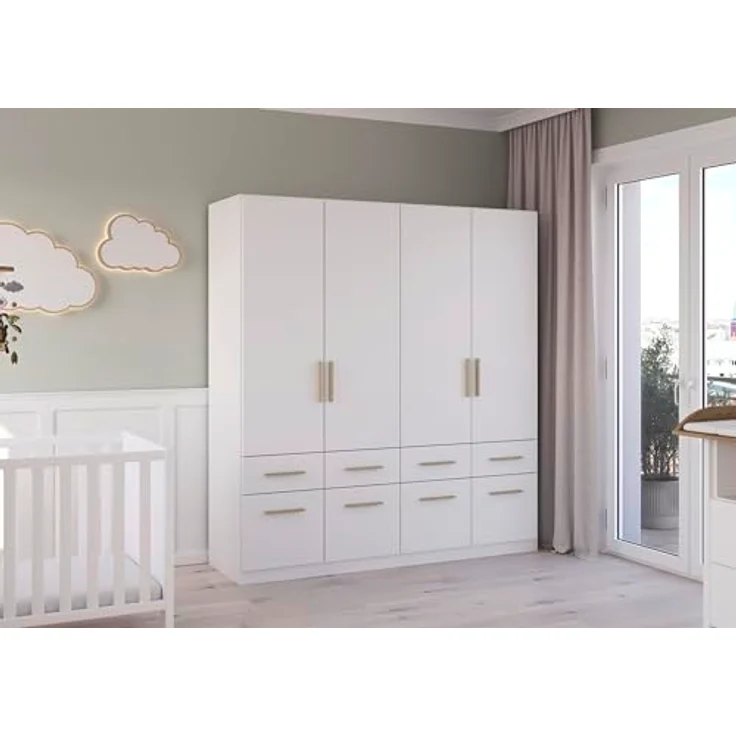 Rauch Möbel Dundee, Kleiderschrank, Schrank, Garderobe, Organizer, 4-türig, 8 Schubladen, Farbe Weiß, Holzgriff Eiche Massiv, 181 x 197 x 54 cm – Bild 8