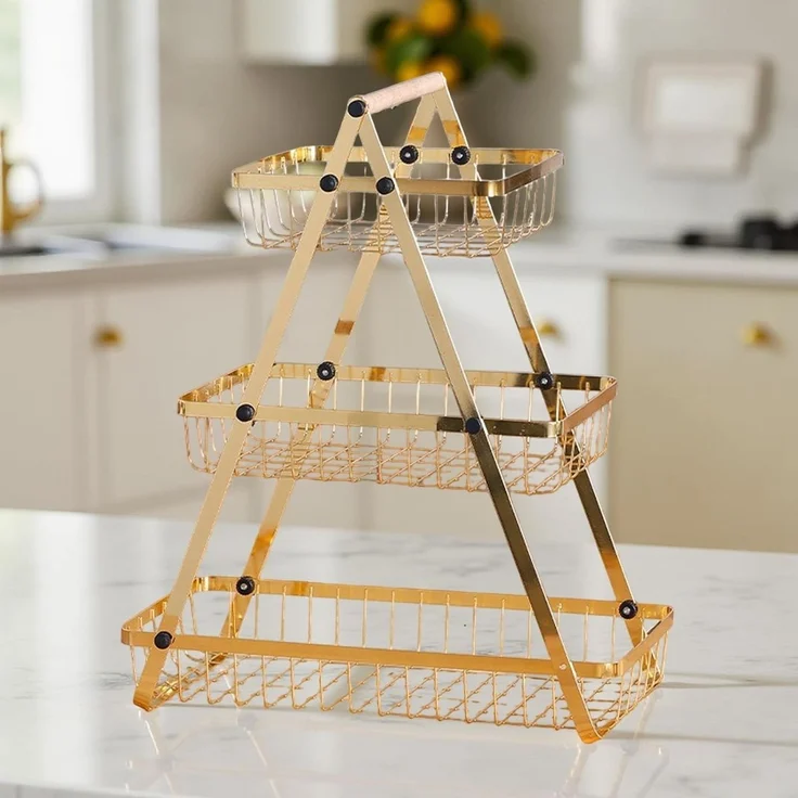 3-stöckige Etagere mit Griff, Obstkorb in Gold - Tragbar & Platzsparend – Bild 3