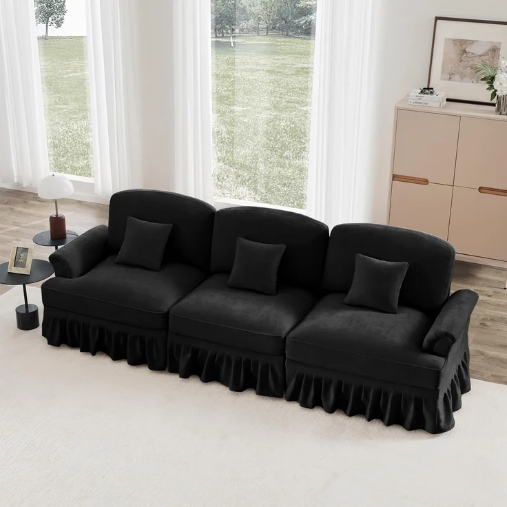 Ball & Cast Sofa Sets, 3 Sitzer Sofa mit Flared Armlehnen, Modulares Sofa mit Abnehmbarem Volant für Wohnzimmer, Schwarz, 3 Sitze