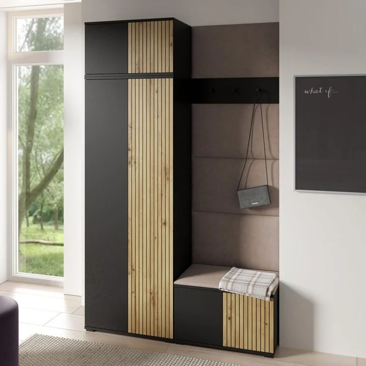 Garderoben-Set Rosario Version 2 mit Lamellen, Kleiderschrank mit Polsterplatten und Schuhschrank (Schwarz / Eiche Artisan, Trinity 05), 225 x 40 x 140 cm – Bild 7