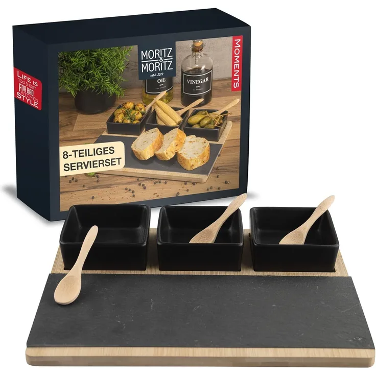 Moritz & Moritz Servierschale Schalen Set, Schiefer, Bambus, Keramik, (Set, 8-tlg), als Tapas Schalen und Dip Schälchen