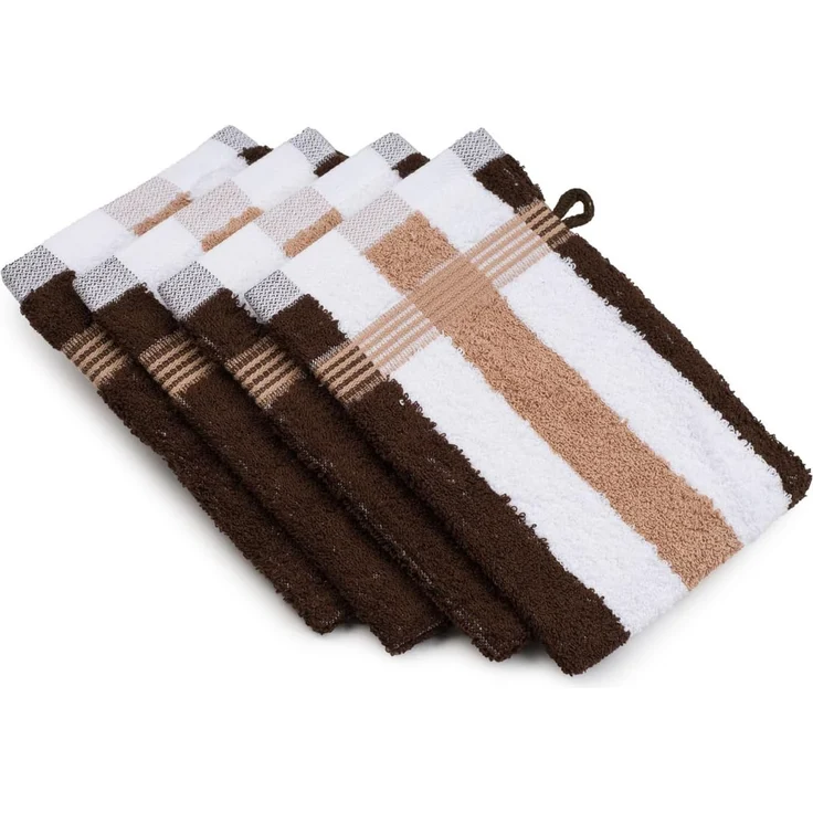 Gözze - New York Streifen Waschhandschuh, 4er Set, Weicher und saugfähiger Waschlappen, 100% Baumwolle, 17x24 cm - Marone/Weiß/Mocca – Bild 1