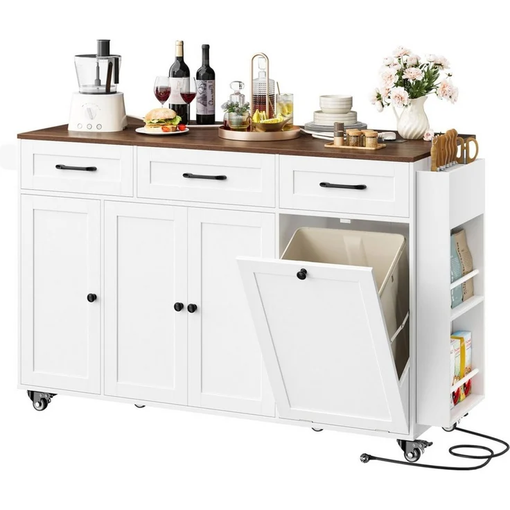 Homfa Küchenwagen mit Steckdoseleiste, klappbarer Arbeitsplatte & Messerblock, Kücheninsel mit Rollen, Küchenschrank mit Müllsystem 135x88x60cm – Bild 1