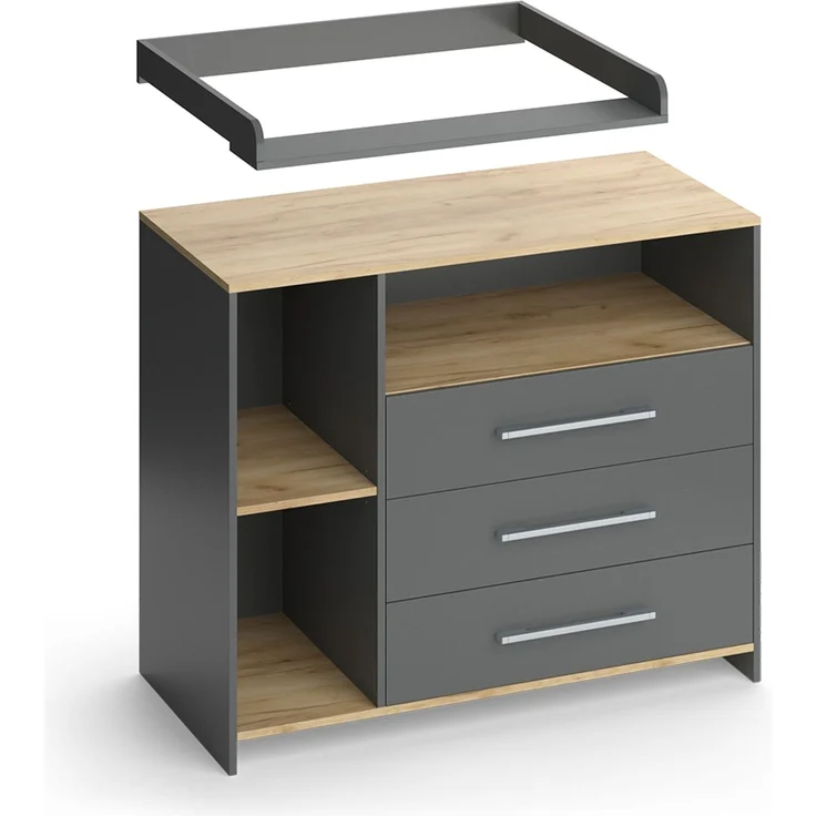 Wickelkommode Oskar Anthrazit/Goldkraft Eiche 113 x 93 cm mit 3 Schubladen Vicco – Bild 5