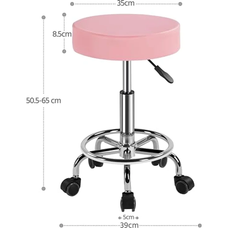 Yaheetech Rollhocker Höhenverstellbar 50,5–65 cm Sitzhöhe Drehhocker 360° Drehbar mit Polster Bürohocker bis 120 kg Arbeitshocker mit Rollen Hocker Rosa – Bild 4