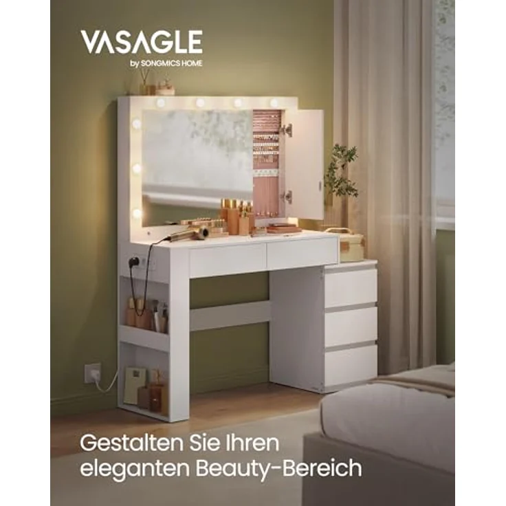 VASAGLE Schminktisch mit LED-Beleuchtung, mit Spiegel, Steckdosenleiste, mit Schubladen, modern, wolkenweiß, 40 x 125 x 140 cm – Bild 3