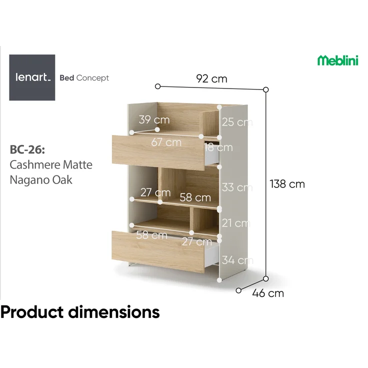 MEBLINI Wohnzimmerschrank für Schrankbett Bed Concept - Hochschrank mit Regalen, Fächern und Schublade - BC-26 - Kaschmir/Nagano Eiche – Bild 5