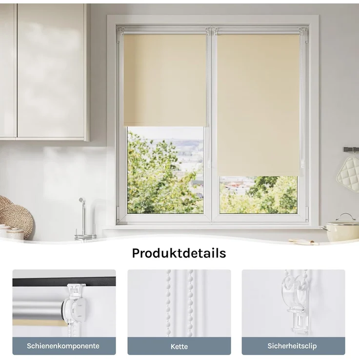 WOLTU Verdunklungsrollo ohne Bohren Beige 110x160 cm (BxH), Thermorollo Klemmfix Fensterrollo Seitenzugrollo easyfix Verdunkelung Rollos Sichtschutz und Sonnenchutz, Klemmrollo für Fenster & Tür – Bild 6
