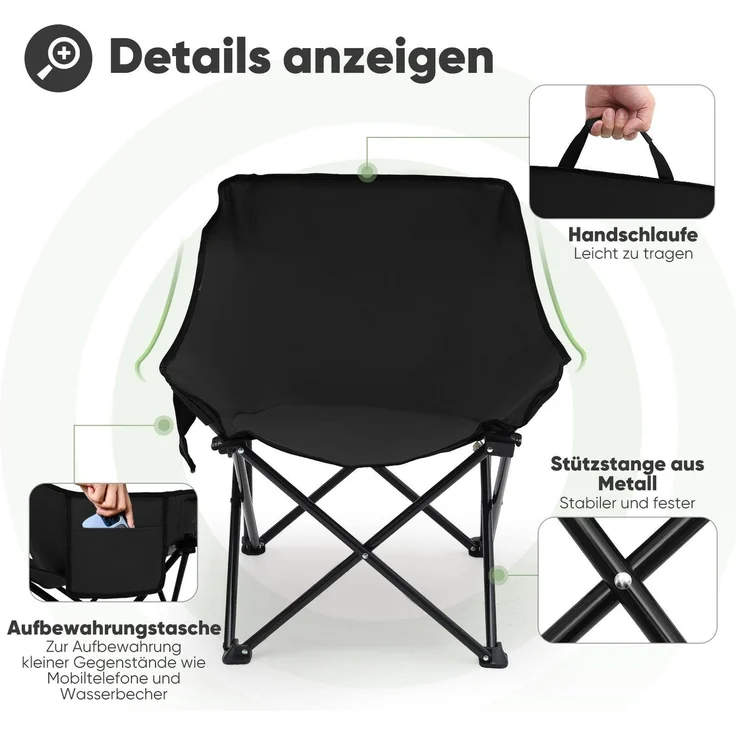 Sunula Campingstuhl Faltbar Angelstuhl Klappsessel mit Tragetasche für Garten, mit Tragetasche, Klappstuhl bis max. 100 kg, Schwarz – Bild 4