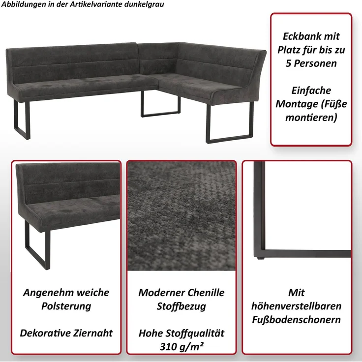 Eckbank HWC-O81, Esszimmerbank Bank, Öko-Tex (310g/m²) Chenille Stoff/Textil Metall 159x210cm ~ hellbraun – Bild 2