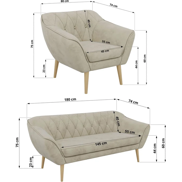 Wohnzimmerset PIRS 1-1-3, Skandinavisches 3-Sitzer Sofa mit Sesseln, Sofa mit Wellenfederung, Buche Füße, Skandinavisches Möbelset - Beige Velvet – Bild 5