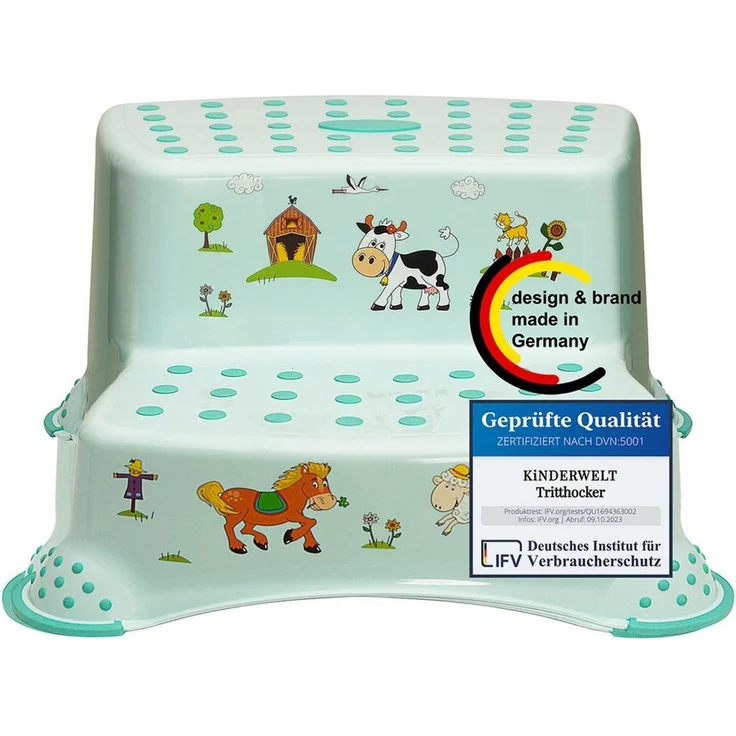 KiNDERWELT Tritthocker Premium zweistufiger Hocker Funny Farm aquamarin – Bild 1