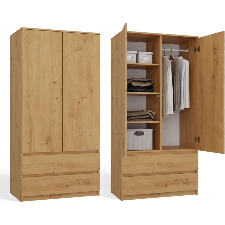 CDF Kleiderschrank 90 cm breit Zweitüriger Flurschrank 2 Schubladen mit Regalen und Kleiderstange für Schlafzimmer Kinderzimmer Kleiderschränke Laminierte Platte 16 mm Robust - Eiche Artisan