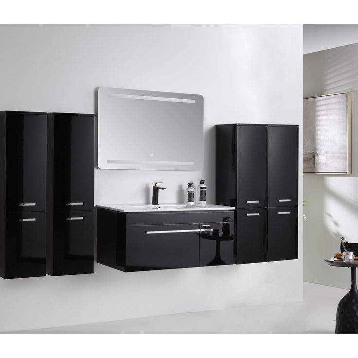 Badmöbel Set 210 cm Schwarz Hochglanz Lackiert Komplett Badschrank 8 Tlg LED