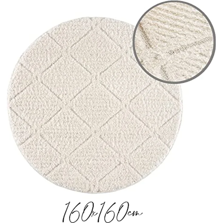 Teppich Rund - Hochflor - Boho - Cream - 160x160cm - Einfarbig - Modern Raute Meliert Muster - Skandinavisch Flauschig Weich - Wohnteppich Schlafzimmer Dekoration – Bild 5